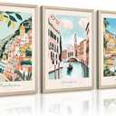 Italy Amalfi Coast Wall Art Italian City Canvas Wall Decor Italy Travel Landscape Wall Art Posters Blue Venice Beach Painting Pictures Italian Modern Artwork for Home 16x24 Inch Wood Framed Set of 3