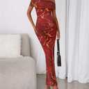 BTFBM Cocktail Dresses for Women 2026 Elegant Classy Off Shoulder Bodycon Mesh Slit Floral Maxi Spring Summer Dress(Floral Wine Red, Small) (S)