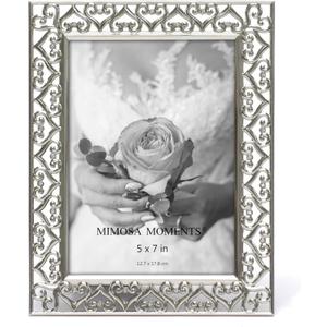 MIMOSA MOMENTS 5x7 Silver Heart Metal Picture Frame with Rhinestones, Decorative Photo Frame for Wedding, Anniversary, Birthday Gifts, Tabletop Display