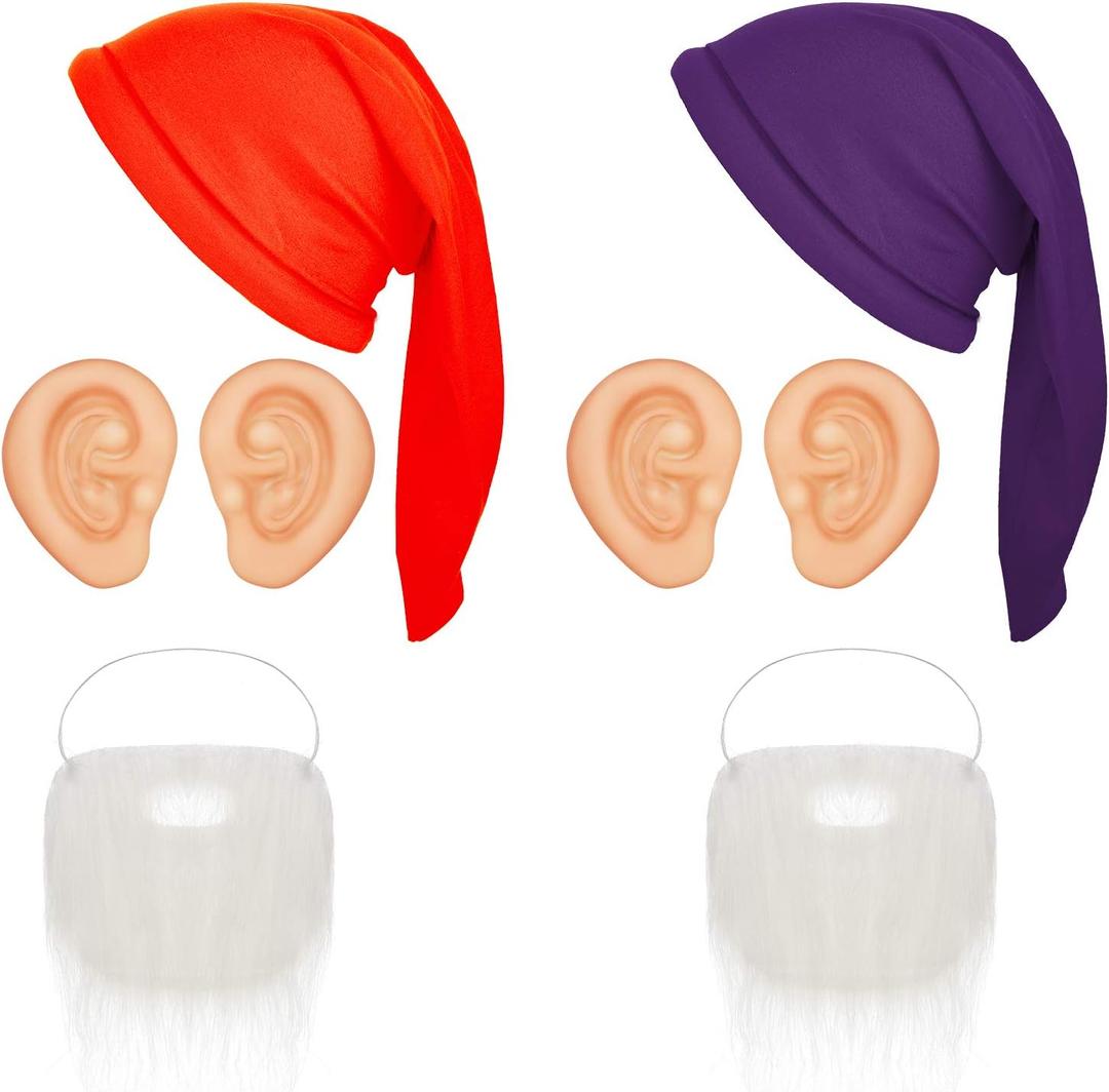 Geyoga 6 Pcs Halloween Dwarf Costumes Dwarf Costume Hats Beards and Large Ears Christmas Costumes for Adults
