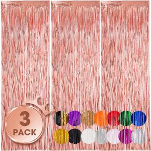 Voircoloria 3 Pack 3.3x8.2 Feet Rose Gold Foil Fringe Backdrop Curtains, Tinsel Streamers Birthday Party Decorations, Fringe Backdrop for Graduation, Baby Shower, Gender Reveal, Disco Party