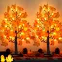 2 Pack 24 Inch Prelit Fall Maple Tree Fall Thanksgiving Decorations with 48 LEDs Battery Operated Timer Lighted Acorn Maple Artificial Tabletop Light Up Tree for Home Indoor Thanksgiving Table Decor