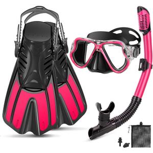 Snorkeling Gear for Adults, 4 in 1 Adult Snorkel Set with Panoramic View Snorkel Mask, Dry Top Snorkel, Adjustable Short Fins and Travel Bag, Snorkel Set with Fins for Snorkeling Diving (S/M(36-41), Pink)