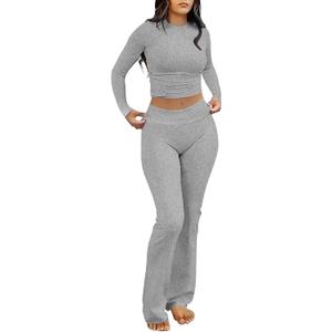 kaimimei Women's 2 Piece Lounge Outfits Slim Long Sleeve Tops High Waist Foldover Flare Leggings Sets Casual Yoga Sweatsuit (Gray, M)