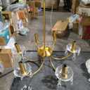 Gold Brass 6 Arm Chandelier with Crystal Pendant Cups 