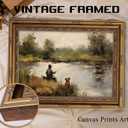 Vintage Gold Framed Wall Art Boy Fishing Country Oil Painting Canvas Prints Peaceful Lake Landscape with Dog Picture Rustic Farmhouse Poster Artwork for Nursery Living Room Bedroom, 16x24in