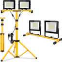 22000 Lumen Work Lights with Stand, 2 Adjustable Head LED Work Light, with Adjustable and Foldable Tripod Stand, Waterproof Lamp with Individual Switch with 6500 Kelvin Color (2-head) (Yellow)