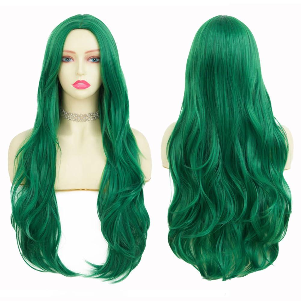 Tseses Green Long Curly Wave Wig for Women Middle Part Curly Wig Natural Looking Synthetic Fibre Hair Wig for Halloween Party Cosplay Use