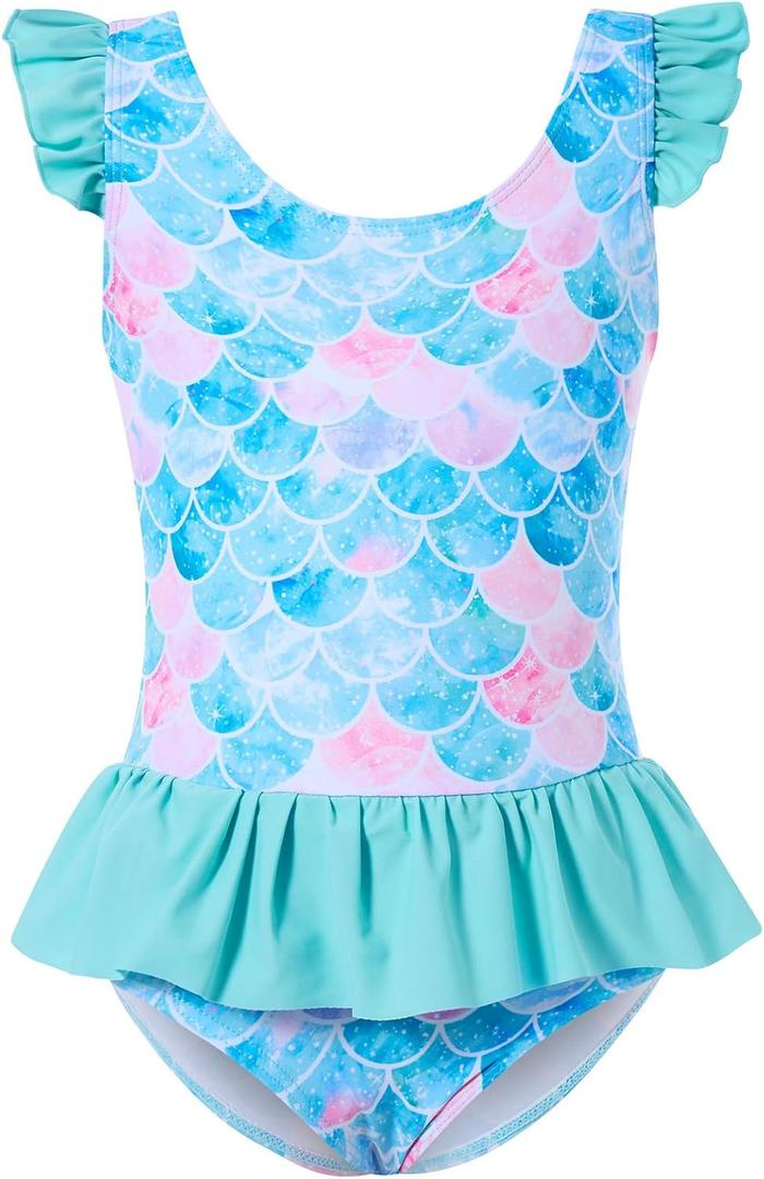 Vieille Toddler Little Girls One Piece Swimsuits Ruffles Bathing Suits Mermaid Dinosaur Swimwear 2-7T (Light Blue Mermaid)