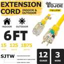 YOJOE Indoor Outdoor Extension Cord with Lighted End, 3 Prong 15A Weatherproof Power Cord, 12 Gauge Heavy Duty 6 ft Yellow Extension Cord for Garage, Garden and Home, 12/3 SJTW UL Certified