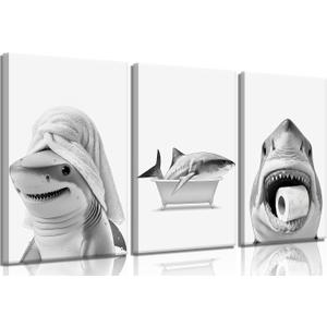 3pcs Black And White Shark Bathroom Canvas wall art Funny ocean Animal bathtub Paintings Pictures Wall Decor Modern Poster Printing Artwork for Restroom Toilet Home Decoration, Canvas, 16x24in 