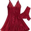 Foxiny Sexy Ruffle Sheer Mesh Lace Wireless Babydoll Lingerie Dress with Thong 2 Piece (Large, Red)
