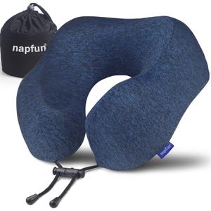 napfun Neck Pillow for Traveling, Upgraded Travel Neck Pillow for Airplane 100% Pure Memory Foam Travel Pillow for Flight Headrest Sleep, Portable Plane Accessories, Full Dark Blue, Medium (120-200LB)