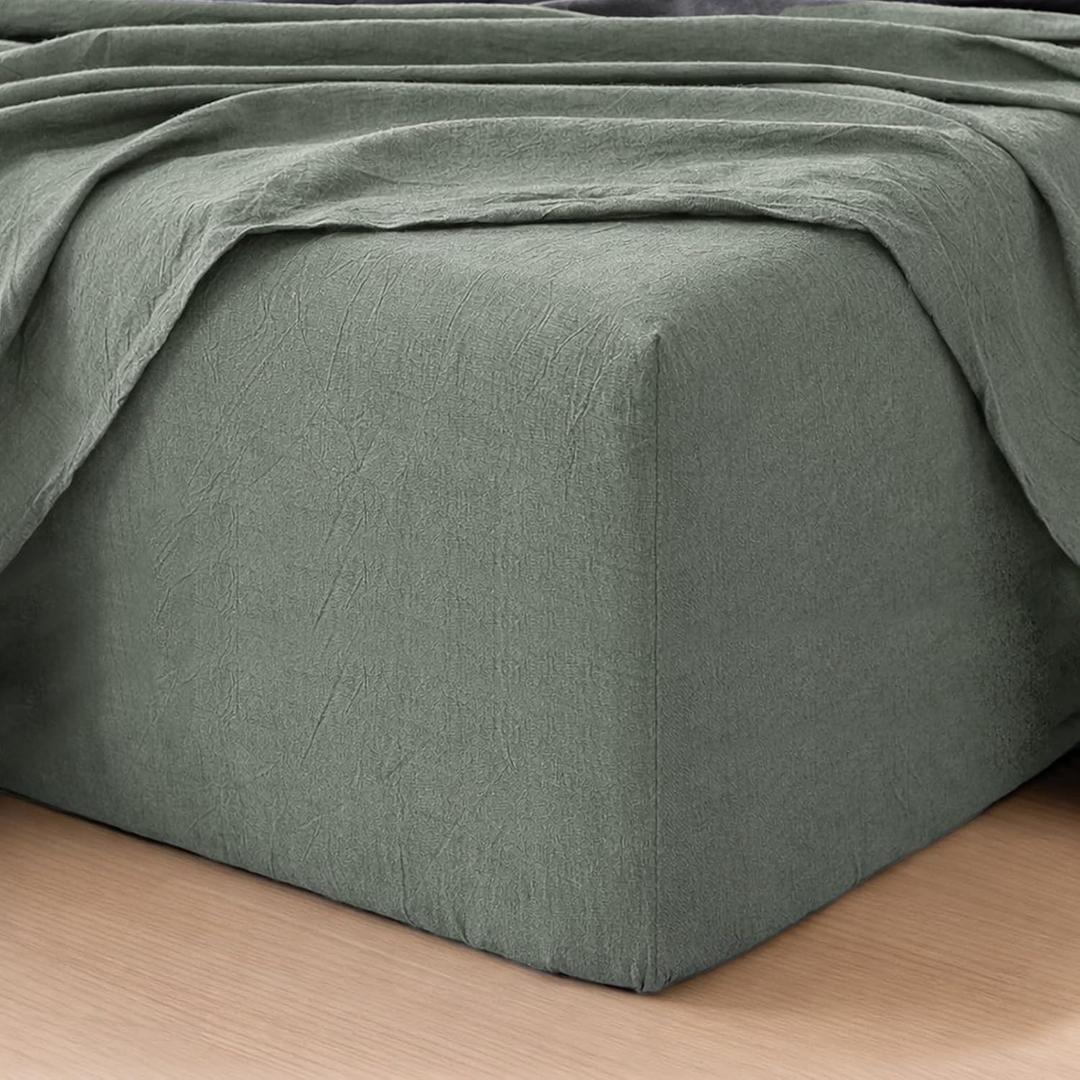 MooMee Fitted Bottom Sheet Only 100% Washed Cotton Linen Like Textured Breathable Durable Soft Comfy Deep Pocket Fits Mattress up to 17" (Heathered Green, King)