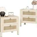 BOLUO Wood Wide Night Stand Set 2, Large Nightstand with 2 Drawers Boho Nightstands Wooden Rattan Bedside Table for Bedroom