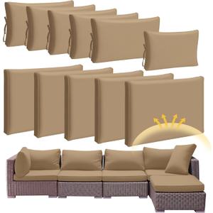 Patelai 11 Pcs Waterproof Patio Cushion Covers for Outdoor Sectional Furniture Wicker Rattan Patio Sofa Couch Chair Seat Pillow Slipcovers, 3 Sizes Covers Only (25.4 x 25.4X 3.54,Coffee)