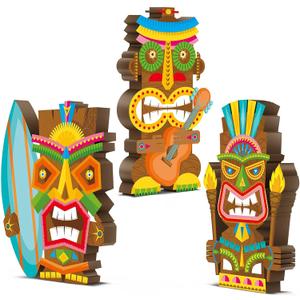 Blulu 3 Pcs Tiki Party Decor Hawaiian Luau Party Decorations Tropical Aloha Wooden Bar Table Sign Colorful Farmhouse Tiki Centerpieces for Table Summer Welcome Housewarming(Classic,5.11 Inch)