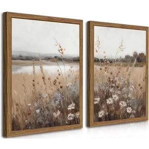 Framed Vintage Wildflower Wall Art Set of 2, Retro Country Floral Canvas Wall Decor Paintings, Farmhouse Field Landscape Posters Prints for Bedroom Bathroom Living Room Home Decor 16x24In Wood Frame, 24l" X 16w"