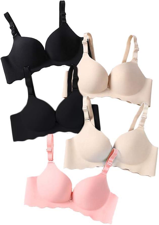 Pack of 5, Women Comfort No Wire Bras Seamless No Show Bra Pack (2black+2beige+1pink, 38B)