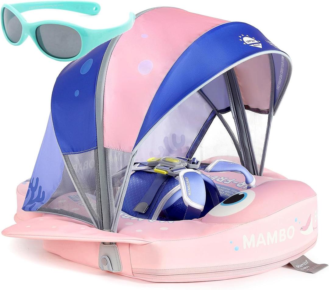 Mambobaby Float with Canopy and Tail New Upgraded Non-Inflatable Baby Pool Float Mambo Float Swim Trainer Solid Infant Swim Float Adjustable Pearl Foam Baby Swim Ring (Manta Ray Fish Pink)