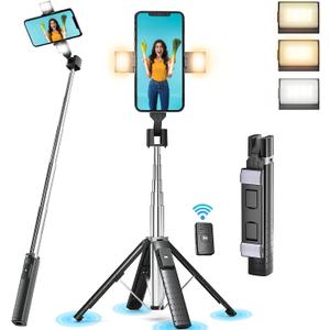 41 Selfie Stick Tripod Quadrapod with 2 Rechargeable Fill Light, Extendable Tripod with Bluetooth Remote, Stainless Steel, 3 Light Modes, 9 Brightness Levels, Compatible for All iPhone & Android