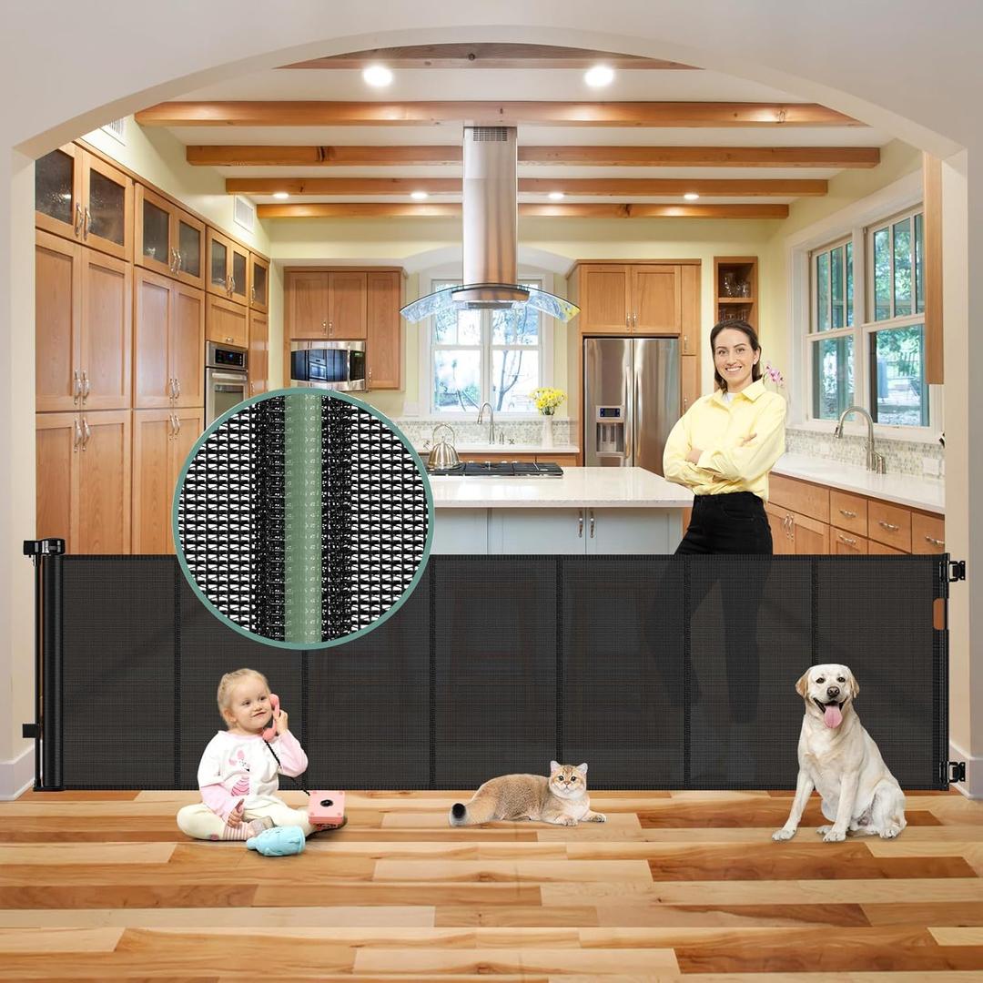 Reinforced Bottom 100 Inch Retractable Baby Gates Extra Wide Baby Gate for Large Openings, 8 ft Super Long Child Gates for Large Openings, Mesh Retractable Dog Gate for Doorways Extra Wide, Black 33" Tall x 100" Wide