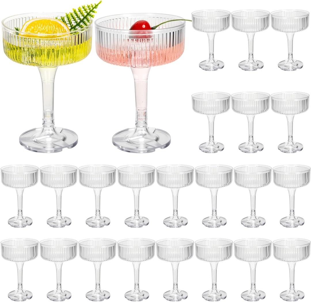 Jingmore 24 Pcs Ribbed Martini Glasses 7 oz Disposable Plastic Vintage Ribbed Coupe Glasses Cocktail Unbreakable Dessert Parfait Glassware for Wedding Birthday Party Supplies (Clear)