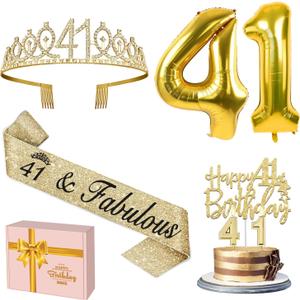 41st Birthday Decorations for Women Gold with 41st Birthday Sash and Tiara, Cake Topper and Candles, Number Balloons, 41 Year Old Gifts for Women