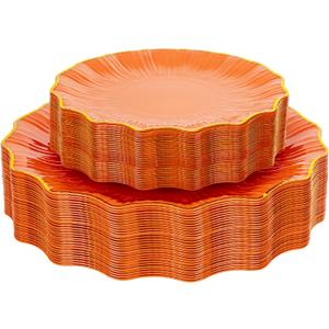 Rubtlamp 60Pcs Orange Plastic Plates - Orange Scalloped Plates with Gold Trim - 30 Dinner & 30 Dessert Platos, Heavy-duty Gold Plates for Party (30 Guests)