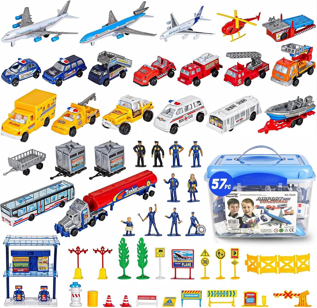 57 PCS Commercial Airport Playset with Airplane Toys, Play Vehicles, Fire Trucks, Police Cars & Figures, and Accessories in Storage Bucket for Kids Imaginative Play