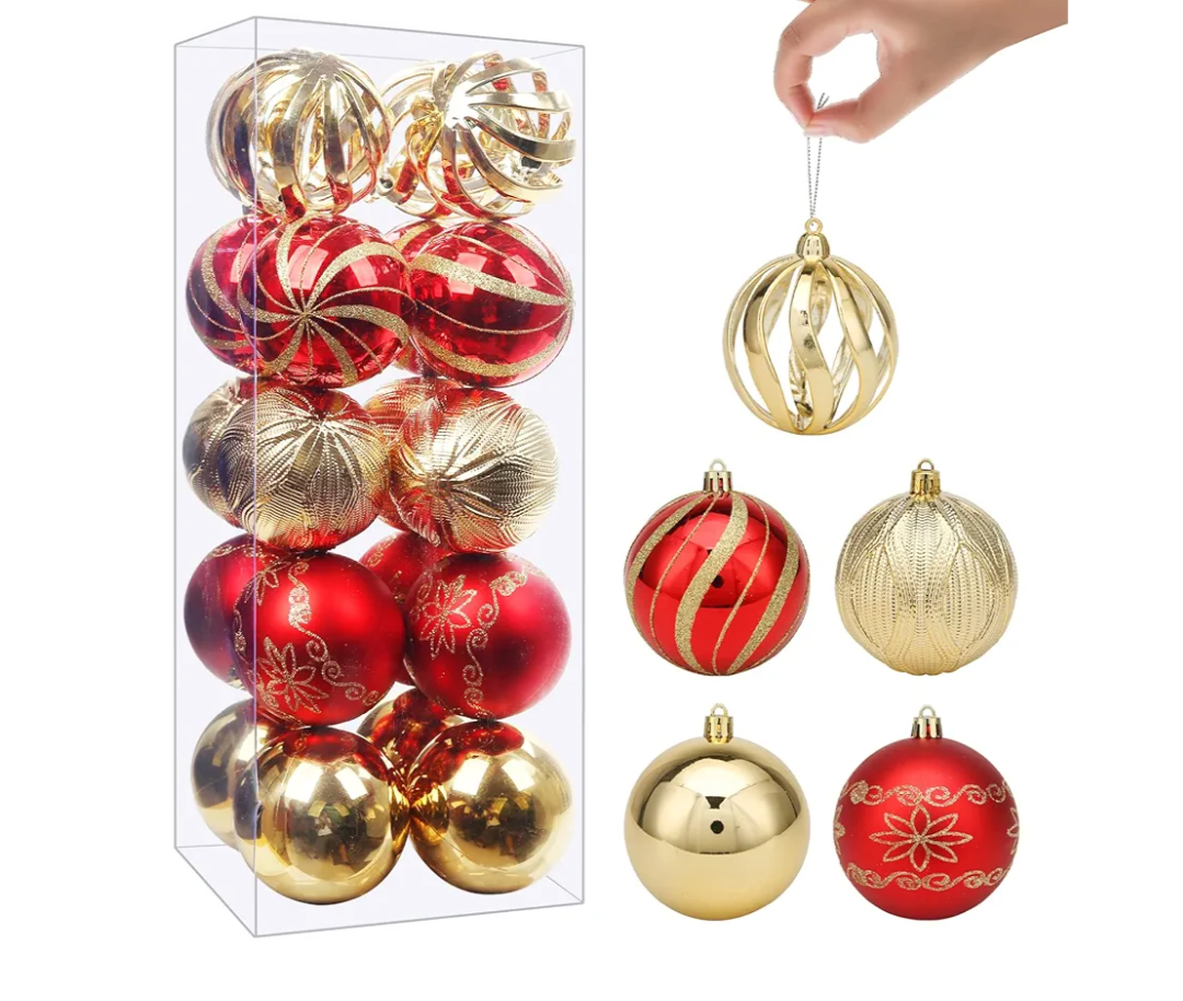 Christmas Ball Set, 16pcs 3.15'' Red and Gold Shatterproof Ornaments for Xmas Tree Traditional Decoration Hanging Baubles for Home Decor