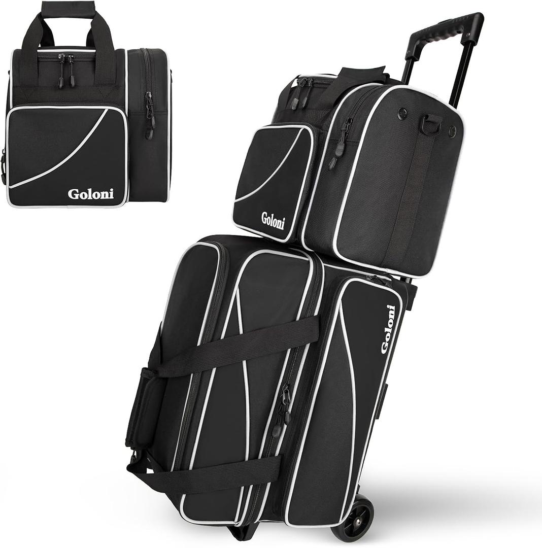 Goloni 3 Ball Bowling Bag with Wheels, 2+1 Double Roller Bowling Bag with Shoe Compartment (US Size 15), 600D Polyester Bowling Bag with Removable Tote Bag for Bowling Accessories