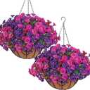 KHOYIME Artificial Hanging Flowers Plants Basket for Outdoors Indoor, 2 Set Faux Silk Purple Fuchsia Morning Glory Fake Eucalyptus Planters UV Resistant Spring Summer for Decor Home Garden Porch Patio