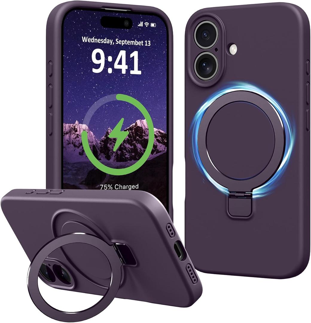 for iPhone 16 Plus Case Stand, Slim Comfortable Liquid Silicone Phone Cases Compatible with MagSafe Magnetic Ring Kickstand Stand Full Camera Protection for iPhone 16 Plus 6.7", Purple