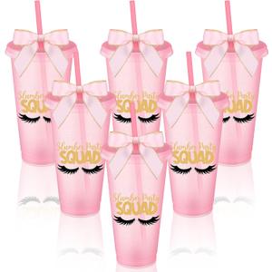 Reallnaive 6 Pcs Pink Sleepover Party Supplies for Girls Slumber Sleepover Squad Cups with Lid Straw and Twist Bow 24 oz Slumber Plastic Tumblers for Spa Pajama Birthday Party Favors Supplies