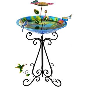 DREAMSOUL 20" Dia Bird Bath Stand Metal Birdbath with Folding Bracket, 2 in 1 Hummingbird Deep Bird Bath for Outside