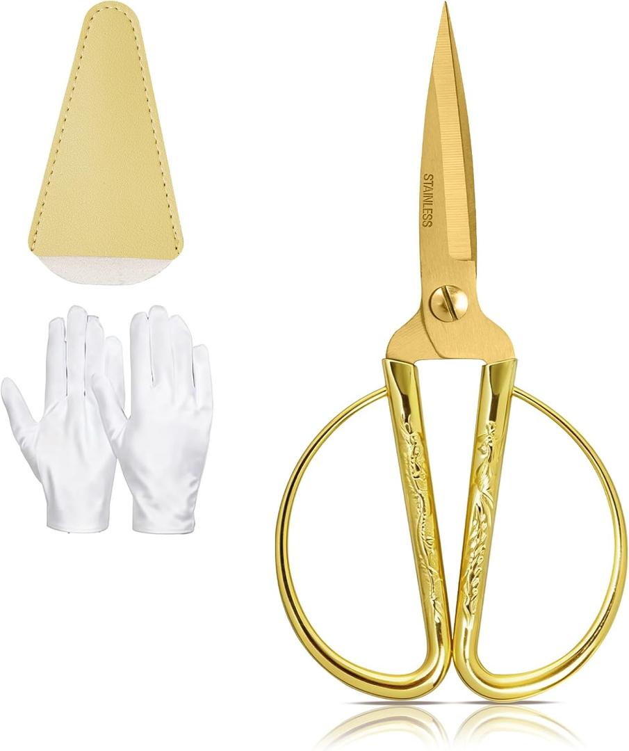 Ribbon Cutting Ceremony Kit,With Gold scissors,Scissors Blade Sheath and a pair of white gloves,Suitable for Ribbon-cutting ceremony,Office,Home,and Crafts, Right/Left Handed (Embossed handle)