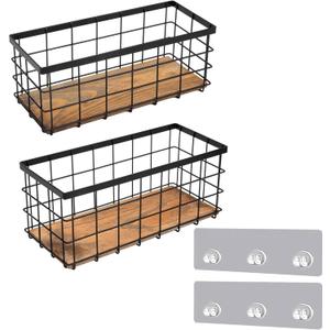 TIEYIPIN Black Metal Wire Storage Baskets with Wood Bottoms, Bathroom Storage Organizer Basket Bins, Set of 2 - Includes 2 Bonus Adhesive Hooks for Easy Wall Mounting