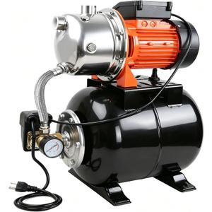 1 HP Shallow Well Pump with Pressure Tank, 1000 GPH, Automatic Irrigation Water Booster Pump with 130 ft Head Lift 20/40 PSI Pressure Switch 304 Stainless Steel Pump Head for Home Garden Lawn