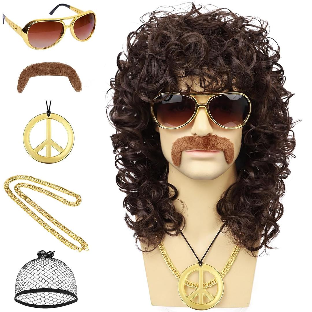 70s Mens Brown Wig + Glasses + Golden Chain + Peace Sign Necklace + Mustache + Wig Cap Long Curly Funny Synthetic Wigs for Retro Outfit Men Party Hippies Rocker Costume Cosplay Halloween, 6pcs Set