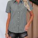 siliteelon Striped Button Down Shirts for Women Cotton Short Sleeve Blouses Collared Shirt Office Work Going Out Tops (X-Small, Deep Gray Striped)