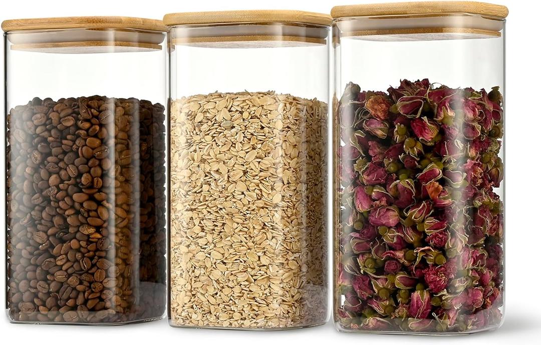 D2scrma 52oz Airtight Glass Square Storage Canister with Bamboo Lid Set of 3 (1550ml) Container Stackable Spice Jar, Kitchen Canister for Flour, Cookies, Cereal and Coffee beans (with Black Lable)