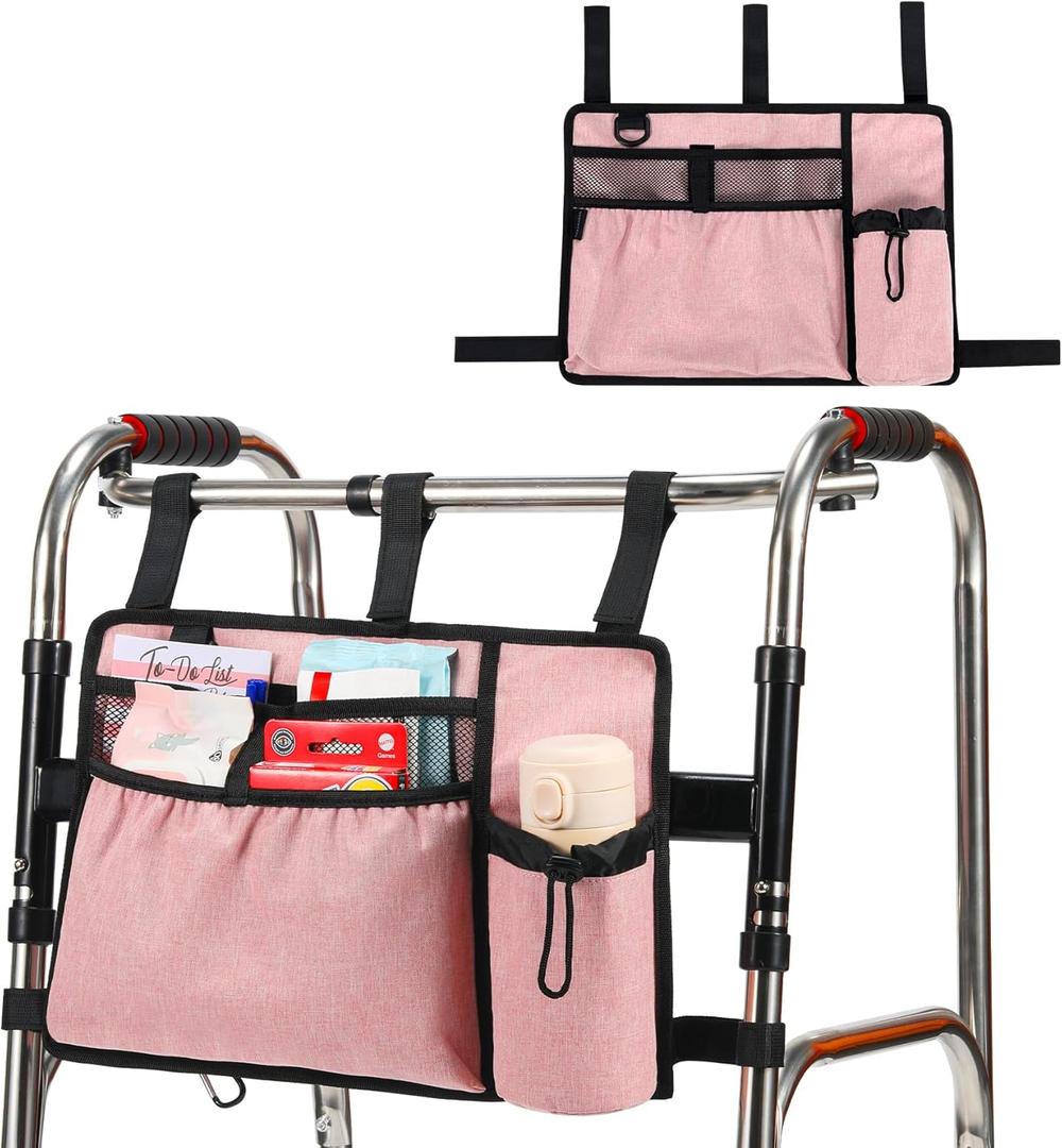 Walker Bags for Folding Walker Accessories Seniors Pouch Cup Holder Carry Organizer Storage Drive with Pockets Velcor Detachable -Pink