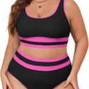 Eytino Womens Plus Size Bikini Sets High Waisted Scoop Neck Bahting Suits Two Piece Color Block Swimsuits(1X-5X) (2X, Black Rose)