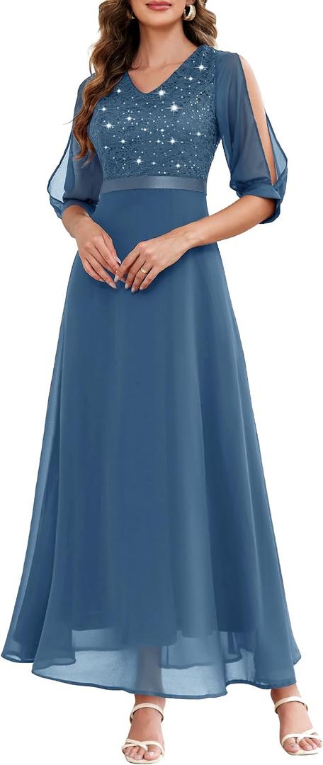 Wedtrend Women's Sequin Dresses Sparkly Glitter Dress Split Sleeves Formal Dresses Maxi Evening Dress (Blue, M)