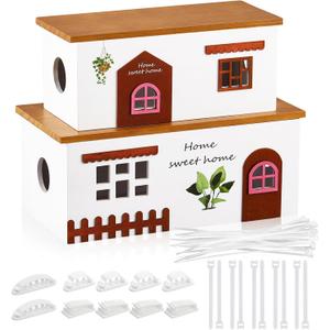 2 Set Cable Management Box Wooden Medium & Large Cord Organizer and Box for TV Computer Wire USB Hub System, Surge Protector Cord Hider on Desk or Floor