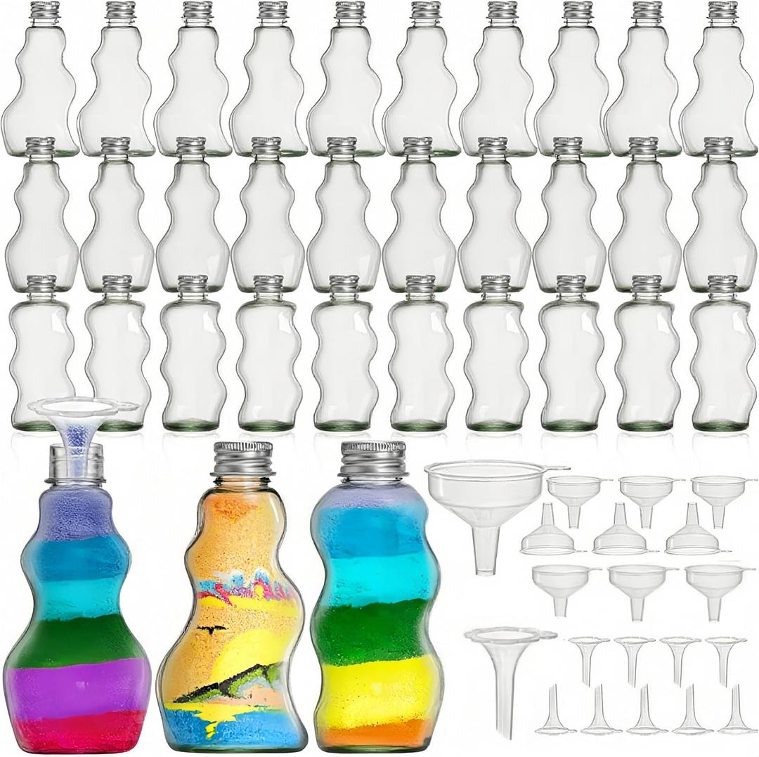 30 Pack Sand Art Bottles with Lids, 2.5 oz Sand Decorative Container with Large Funnels Small Funnels, 3 Style Clear Plastic Jars Bulk, Mini Craft Collection Kit for DIY Wedding Birthday