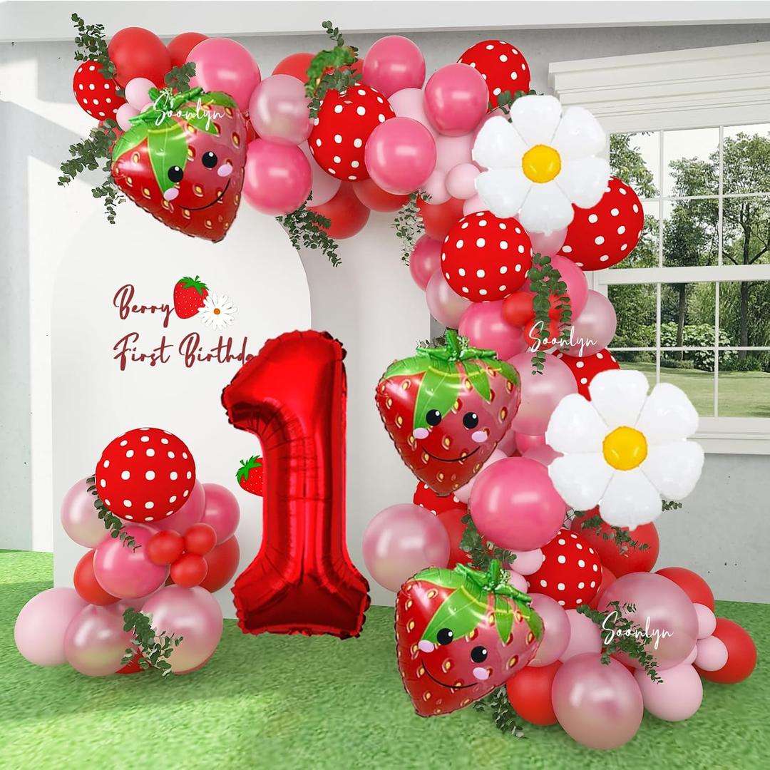 Soonlyn Berry First Birthday Decor 12Ft Strawberry Balloon Arch Kit with Strawberry Balloons Garland Foil First Daisy Dalloons for First Birthday Sweet Baby Shower, Red