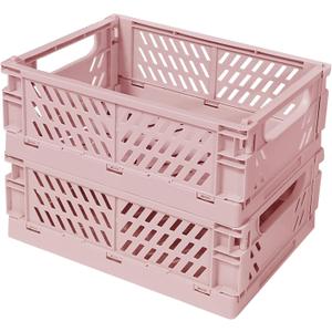 Small Pastel Plastic Storage Bins 2Pcs Foldable Pastel Crates Plastic Basket Colorful Storage Containers Baskets for Classroom Kitchen Office Bedroom Desktop Home Decor (Pink 9.8" x 6.5" x 3.8")