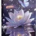 Framed Zen Meditation Serene Purple Lotus Flower Floral Canvas Wall Art, Spiritual Bathroom Butterfly Waterfall Room Decor, Relaxing Flower of Life Pictures Artwork Ready to Hang (12"x16")